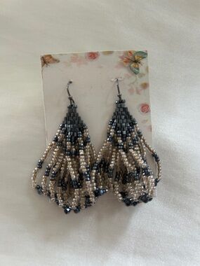 Beaded Fringe Drop Earrings — Black and Champagne